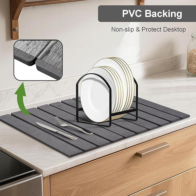 Large Stone Dish Drying Mat for Kitchen Counter 24x16 Inches Diatomaceous Earth 1-Second Absorption Quick-Dry Foldable Non-Slip Easy to Clean for Dishes - Dark Gray