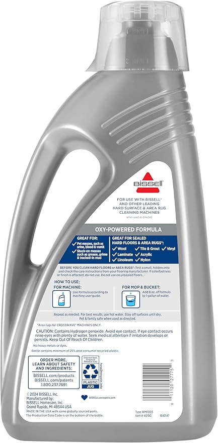 Bissell CrossWave PET PRO OXY Multi-Surface Formula 4019G 80 oz Removes Stuck-On Stains like Dirt Grease and Grime from Sealed Hard Floors and Grout Patented Odor Elimation Technology