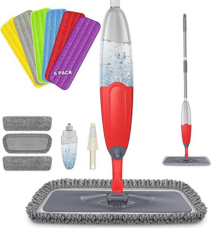HOMTOYOU Spray Mops with 9 Reusable Pads: Wet Mop for Hardwood Tile Wood Laminate Vinyl - Absorbs Pet Hair Dust