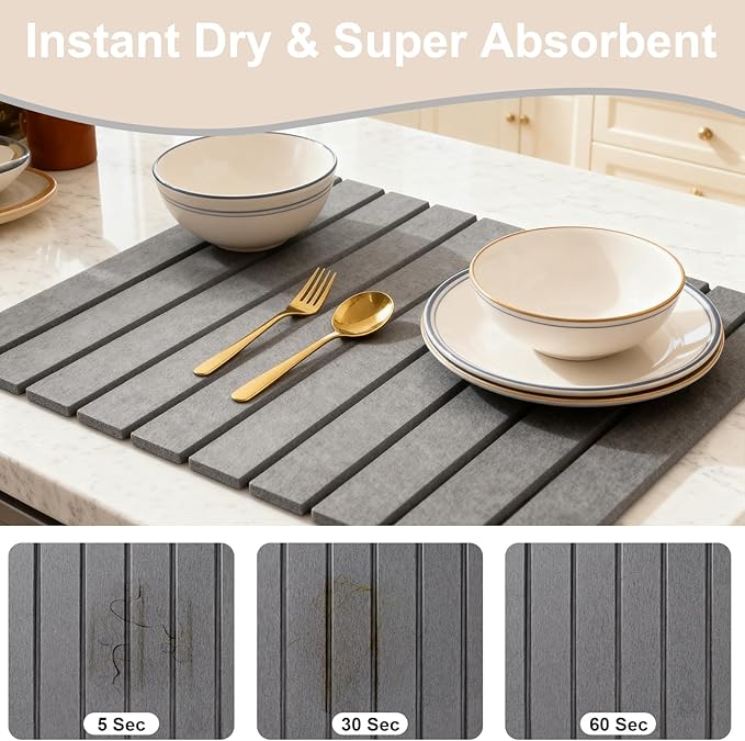 Stone Drying Mat for Kitchen Counter 24x16 Inch Foldable Diatomaceous Earth Stone Sink Fast Absorbing Dish Drying Mats for Dishes Bottles Cups Match any Countertop (Dark Gray 24x16 Inch)