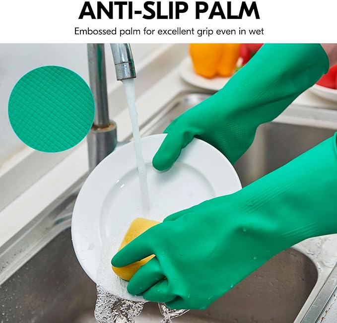 Vgo... 10-Pairs Reusable Household Gloves Rubber Dishwashing gloves Extra Thickness Long Sleeves Kitchen Cleaning Working Painting Gardening Pet Care (Size XL Green HH4601)