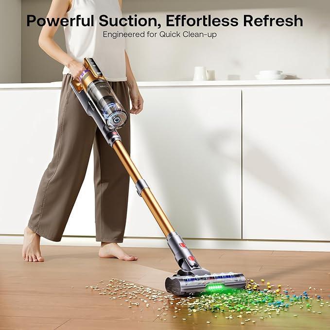 Trucozie Cordless Vacuum Cleaner Self-Standing Lightweight Stick Vacuum with 50 mins Runtime Powerful Suction Anti-Tangle Wireless Vacuum for Home Hardwood Floor Carpet Pet Hair Gold