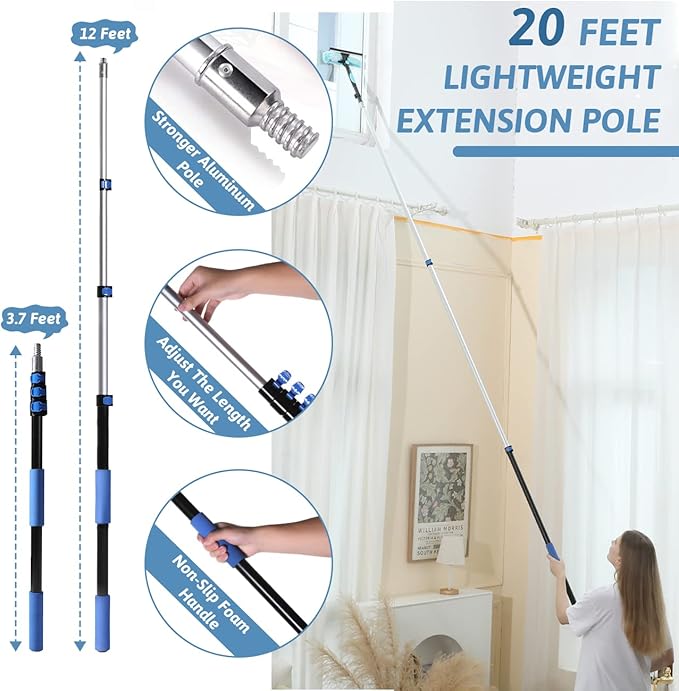 MAYKI 20 Foot High Reach Dusters for Cleaning 5 PCS Ceiling Fan Dusters with Extension Pole Cobweb Duster with Extension Pole for High Ceilings/Fans 2 in 1 Window Squeegee Duster
