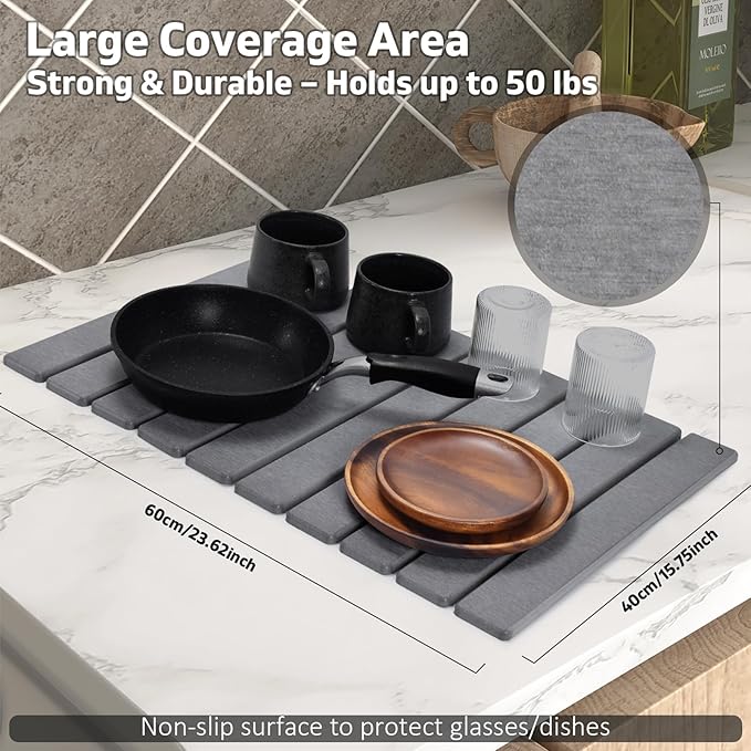 Large Stone Dish Drying Mats for Kitchen Counter 24(L)×16(W) Fast Drying Collapsible Mat Eco-Friendly Absorbent Diatomaceous Earth Mats for Dishes Bottles Match Any Countertop【Dark gray】