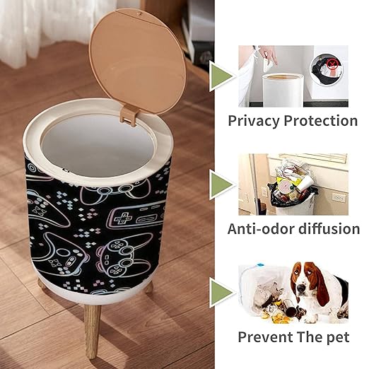 Small Bathroom Bedroom Trash Can with Lid joysticks Gaming Cool Cute Kawaii Garbage Wood Waste Bin Press Cover Round Wastebasket for Kids Boys Kitchen Nursery 7L/1.8 Gallon 8.66x14.3inch