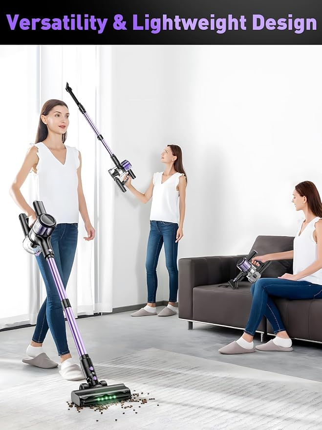 Cordless Vacuum Cleaner 10-in-1 Stick Vacuum with Powerful Suction Hose Anti-Tangle Brush Green LED Light 45Kpa Lightweight Rechargeable Vacuum Cleaner for Home Hardwood Floors Carpets (Violet)