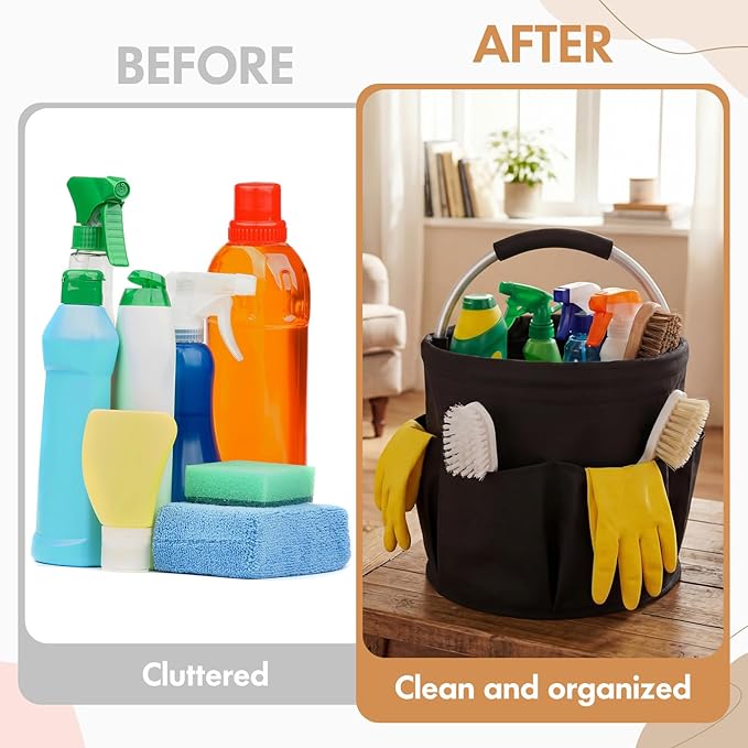 LemonRoad 4 Pack Cleaning Caddy with Handle 17L Foldable Cleaning Supplies Organizer Oxford Cloth Storage Basket with 6 Pockets &amp Soft Grip Portable Multi Bucket Bag for Home Garden (Black)
