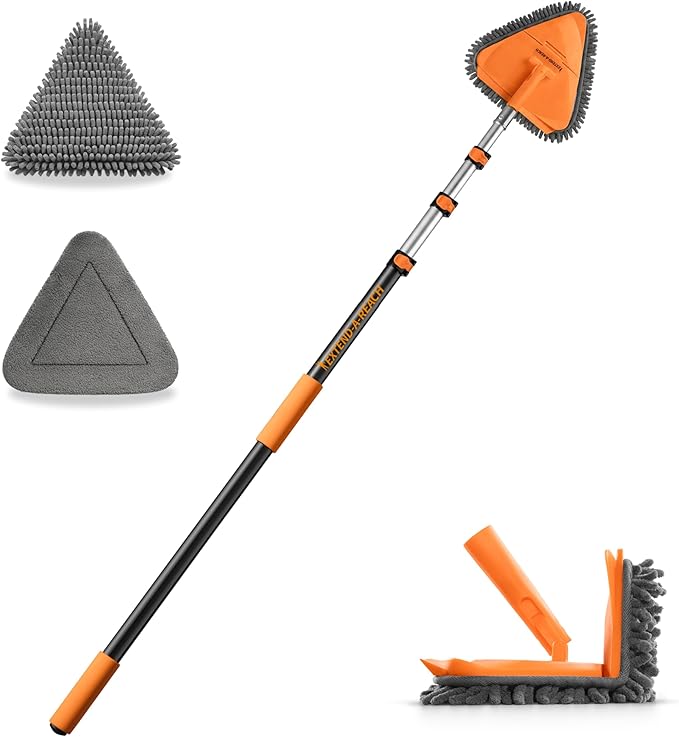 4-12 ft Wall Cleaner Tool with Extension Pole // 3-in-1 Wall Washer Mop for Painted Walls Baseboards Windows and High Ceilings // Long Handle Wall and Baseboard Cleaning Mop with 4 Replacement Pads