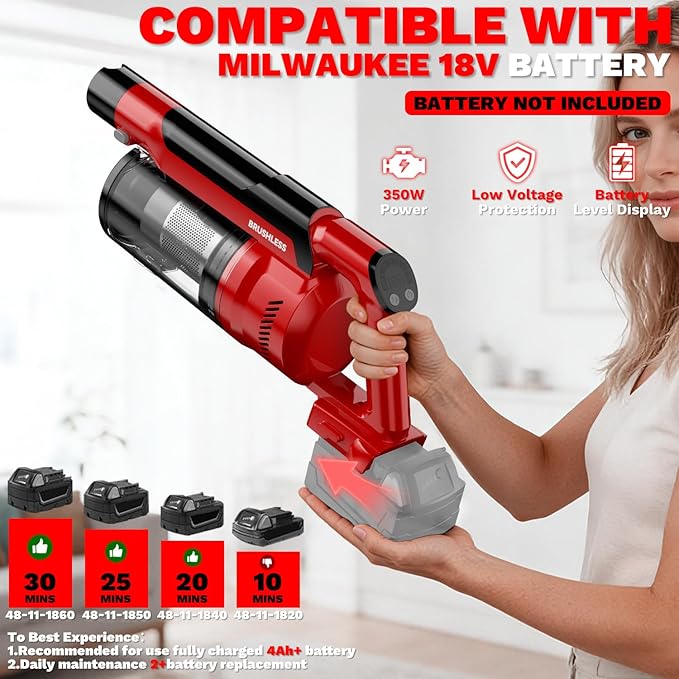 Cordless Vacuum Cleaner for Milwaukee M18 Battery 8-in-1 Stick Vacuum with Pet Brush 35KPA Suction 350W Brushless Motor Smart Touchscreen HEPA Filter for Carpet Floor Car (Battery Not Included)