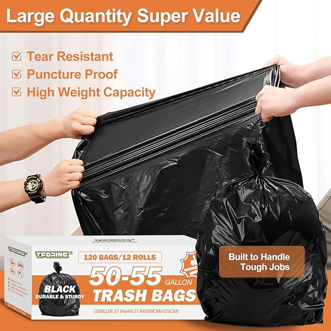 50-55 Gallon Black Trash Bags 120 Count - 40''x50'' Extra Large 50+ Gallon Garbage BagsUnscented Strong Huge Can Liners for Construction Industrial Yard Outdoor Commercial