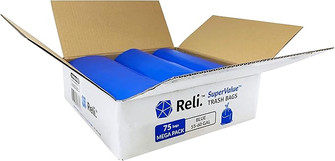 Reli. SuperValue 55-60 Gallon Recycling Bags | 75 Count | Blue Trash Bags | Made in the USA