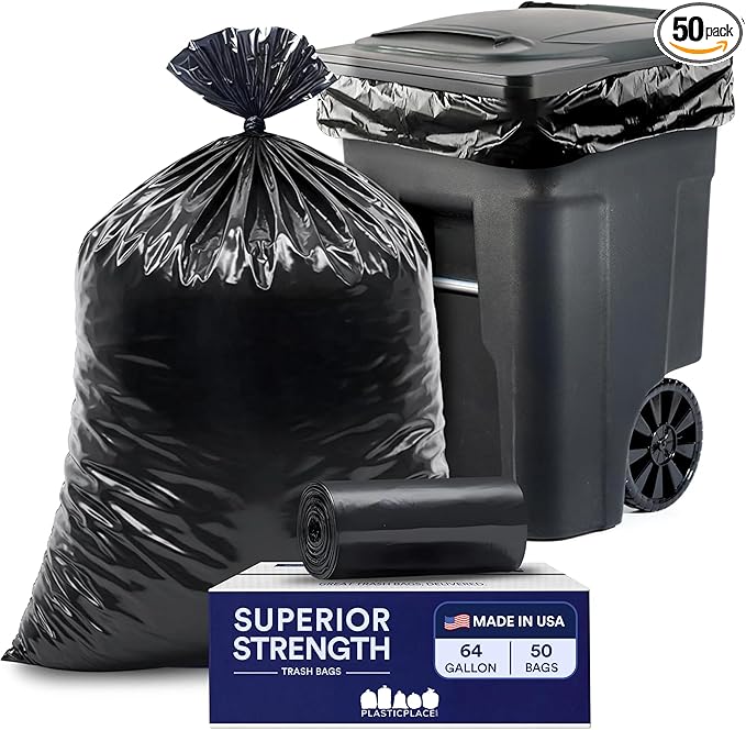 Plasticplace Black Trash Bags (50 Count) – Heavy Duty 64-65 Gallon Garbage Bags Puncture Resistant Large Trash Can Liners Ideal for Toter Cans Kitchen &amp Outdoor Use 50 x 60 1.5 Mil
