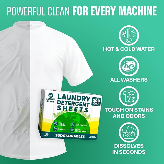 Sudstainables Laundry Detergent Sheets 200 Loads – Dissolvable Laundry Sheet for Washing Machines Compact Alternative to Liquid &amp Powder Detergent Travel-Friendly Soap | Lemon