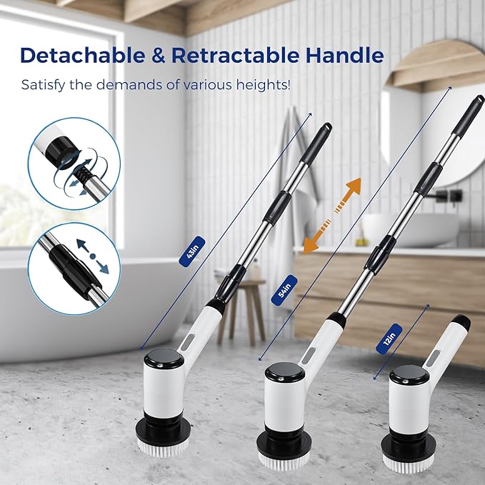 Electric Spin Scrubber Cordless Power Cleaning Brush with 8 Replaceable Heads 2 Adjustable Speeds LED Display &amp Long Handle Ideal for Bathroom Tub Tile Floor Car Cleaning