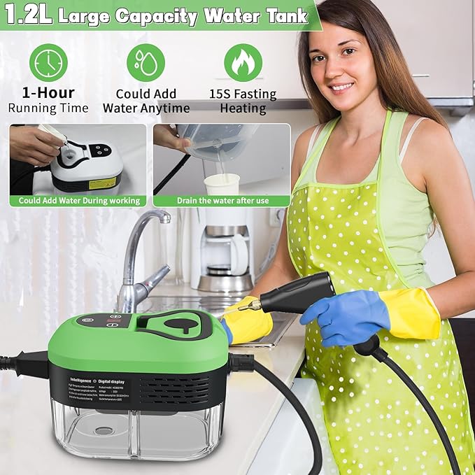 Handheld Steam Cleaner for Home 2500W High Temperature Pressurized Machine 1.2L Water Tank Handle-controlled Steam Output Portable Cleaning Steamer for Car Bed Bugs Furniture Grout (Green)