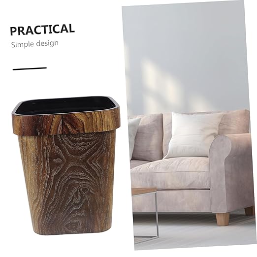 Square Plastic Wastebasket with Faux Wood Grain Finish Lidless Capacity Trash Bin for Home Office Easy to Clean Stylish Farmhouse Rubbish Can