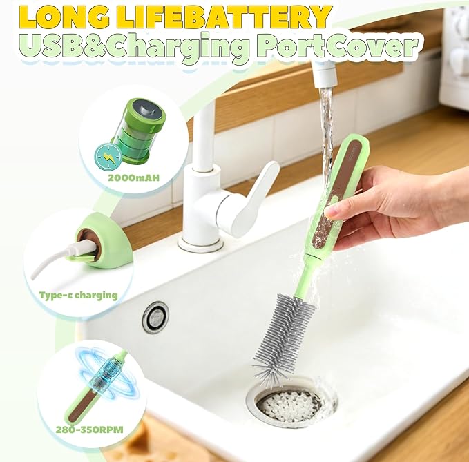 Electric Baby Bottle Brush Cleaner 5-in-1 Travel Kit with Storage Bag Food-Grade Silicone Long Battery Life Portable Baby Bottle Cleaner Brush Set Ideal Gift for Parents &amp Babies (Yellow)