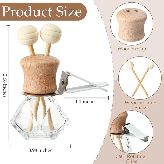 Zubebe 30 Pack 8 ml Diamond Essential Oil Diffuser Bottle Bulk Car Air Freshener Vent Clip Auto Perfume Vent Diffuser for Aromatherapy Fragrance Ornament Decor Glass Bottle with Wooden Caps Stick