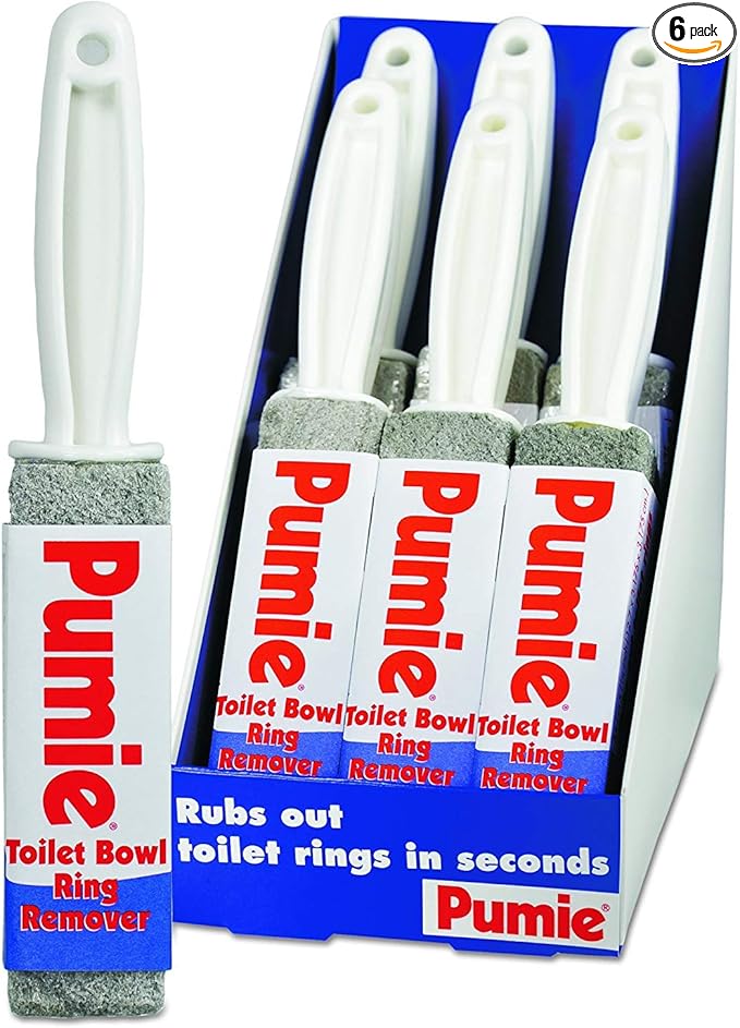 PUMIE Toilet Bowl Ring Remover Pumice Stone for Hard Water and Tough Stains Safe for Porcelain TBR-6 Scouring Stick with Handle 6-Count.
