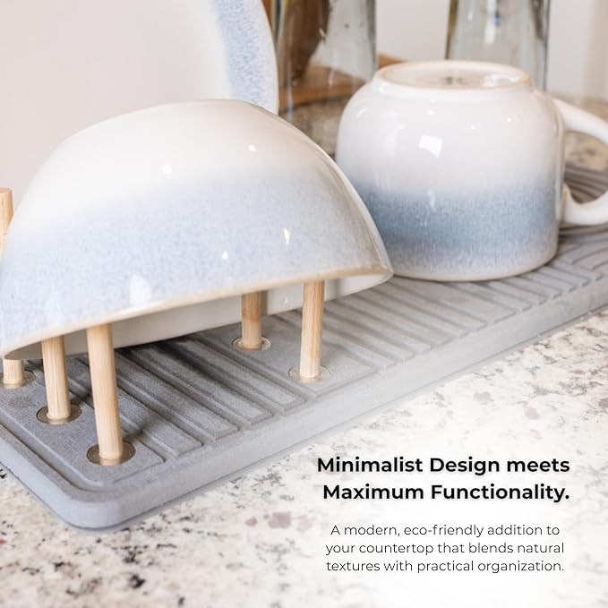 Stone Dish Drying Mat with Bamboo Rack – Fast-Drying Diatomaceous Earth Surface with Non-Slip Silicone Base – Eco-Friendly Super Absorbent Drying Pad for Kitchen Countertops and Dishes (Gray)