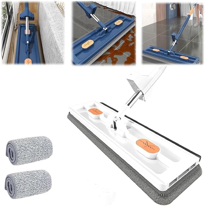 Large Flat Mop 360° Rotating with Dewatering Scraper Wet Dry Mop Extendable Long Cleaning Microfiber for Floors Corner Window 1pcs 12027(A-2pcs Rag)