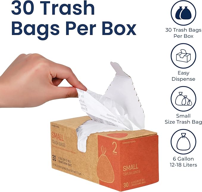 Ninestars Extra Strong White Trash Bags with Drawstring Multiple Sizes 90 Count Kitchen Drawstring trash bags 90 Trash Bags (6 Gallon 120 ct)
