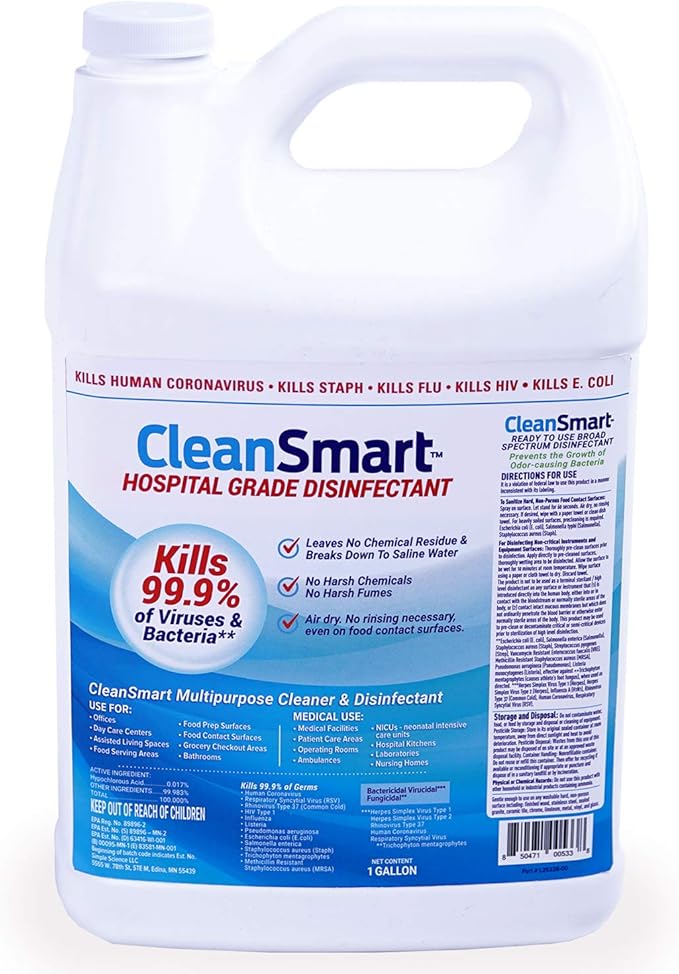 CleanSmart Hospital Disinfectant Kills 99.9% of Viruses and Bacteria Hypochlorous Acid Technology EPA Registered 4 Gallons (HOCL)