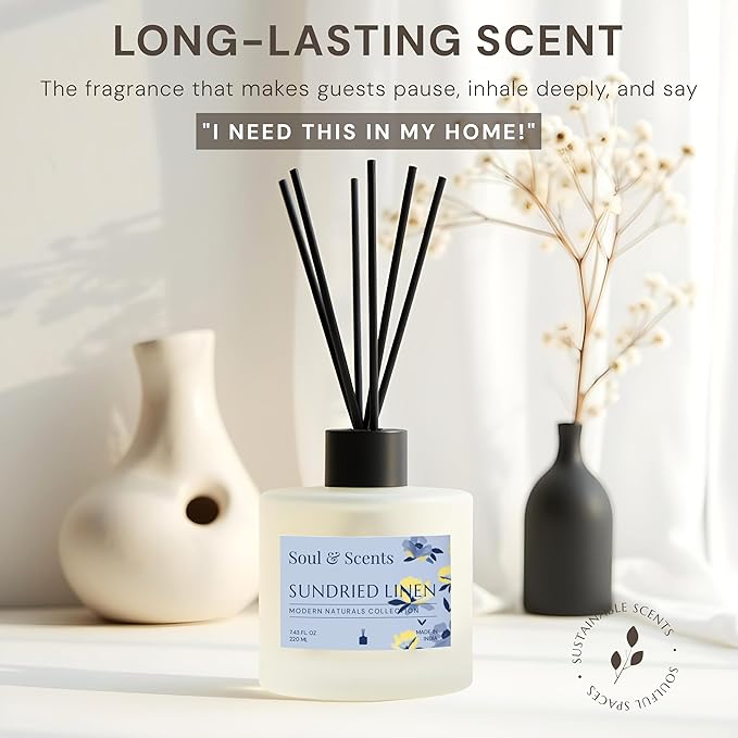 Soul &amp Scents Reed Diffuser Set – Sundried Linen | 7.43 oz Refillable Scented Oil with 6 Fiber Sticks | Long-Lasting Home Fragrance &amp Air Freshener for Bedroom Bathroom Office | Gift &amp D