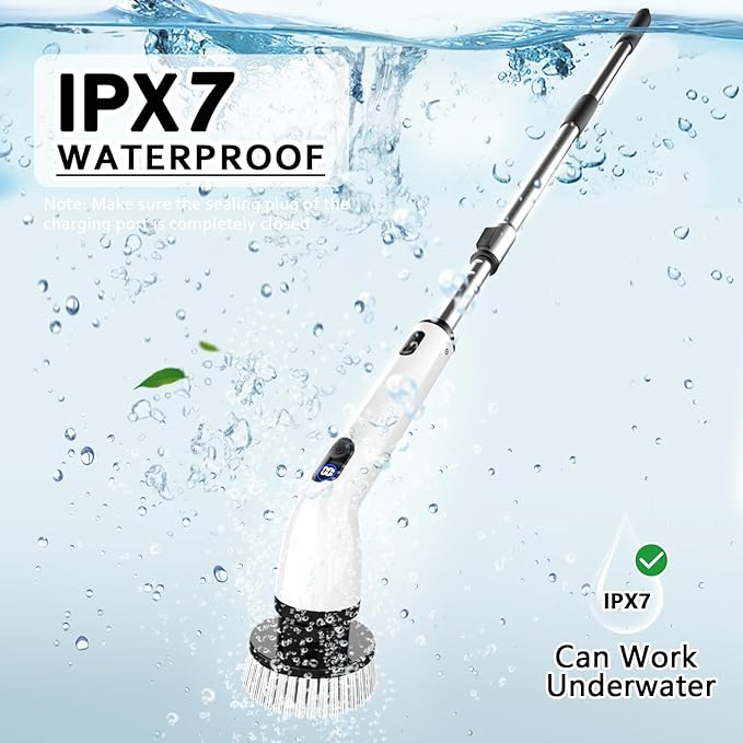 TUYU Electric Spin Scrubber Full-Body IPX7 Waterproof Bathroom Scrubber with Power LCD Display 8 Replacement Head Adjustable Extension Handle Cordless Shower Cleaner Brush for Bathtub Cleaning