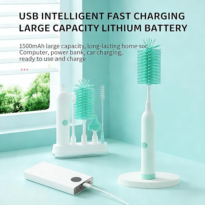 Rechargeable Electric Bottle Brush with Stand - 360° Spin Silicone Cleaner for Baby Bottles Breast Pumps &amp Small Household Containers (Light Green)