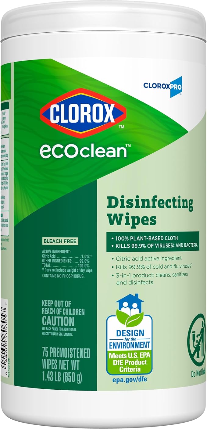 CloroxPro Clorox EcoClean Disinfecting Wipes Multipurpose 100% Plant Based Cleaning Cloths Antibacterial Disinfectant Safe for Multi Surface Use 75 Count (Pack of 6)