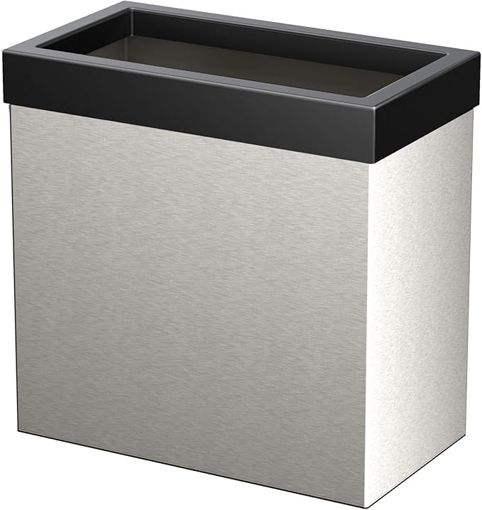 Gatco Modern Rectangle Wastebasket Satin Nickel and Matte Black Combo - Stainless Steel Trash Can with Removable Lid Leakproof 3 Gallon Capacity for Bathroom Bedroom Kitchen or Office