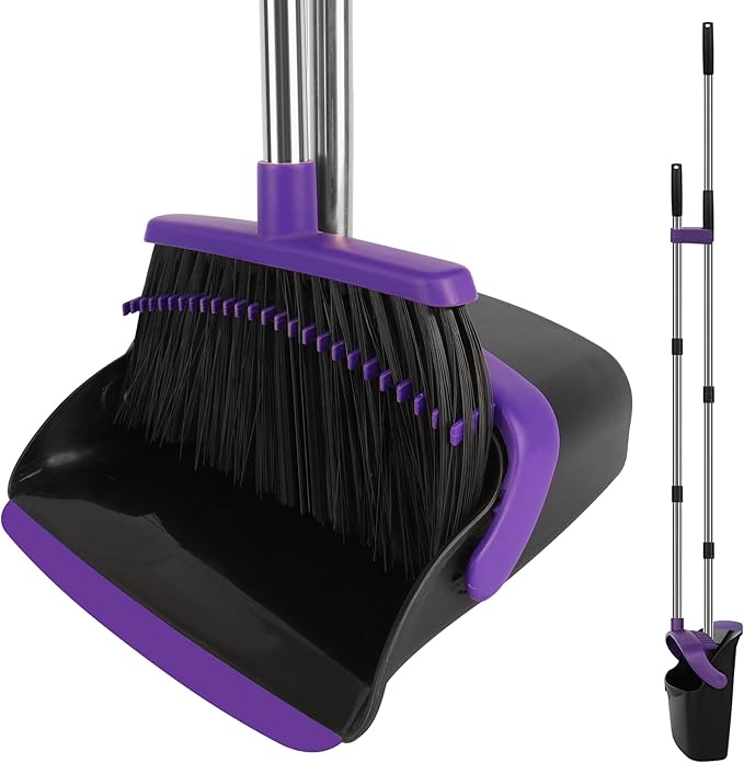 Broom and Dustpan Set Large Household Dustpans and Broom with 55 Inch Long Handle Pueple Broom with Dustpan Combo Set for Home