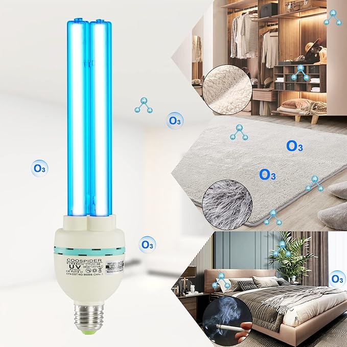 36 Watts Ozone UVC Light Bulb 185nm wavelength UV Lamp for Basement/Storehouse/Car E26 110V CTUV-36 (with Ozone)