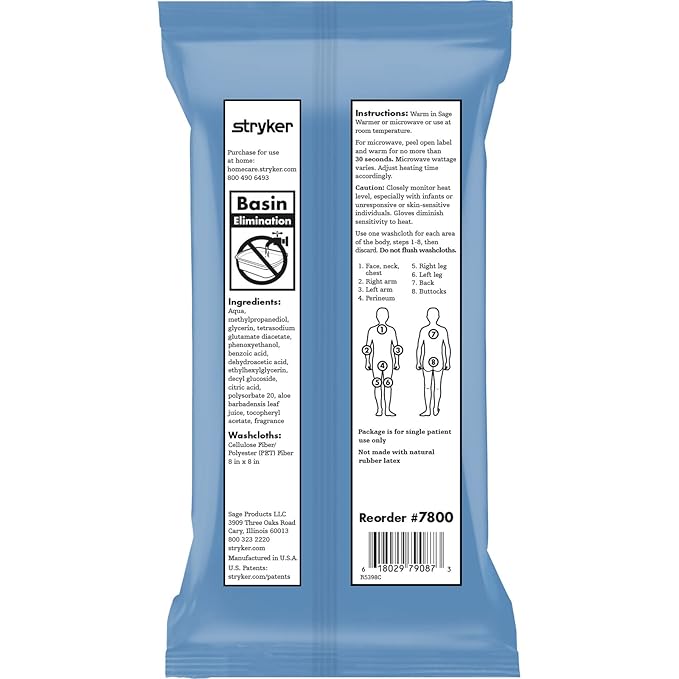 Stryker - Sage Essential Bath Cleansing Washcloths - 6 Packages 48 Cloths - Fresh Scent No-Rinse Bathing Wipes Ultra-Soft and Medium Weight Cloth Hypoallergenic