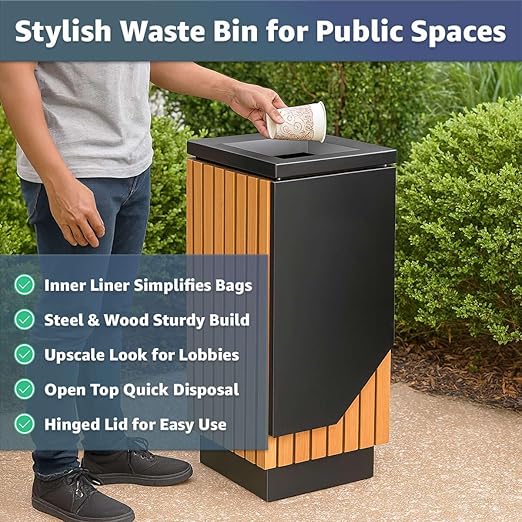 13 Gallon Commercial Outdoor Trash Can - Square Decorative Waste Bin with Steel &amp Wood Composite Design Hinged Lid Open Top Garbage Can for Retail Stores Hotel Lobbies Airports