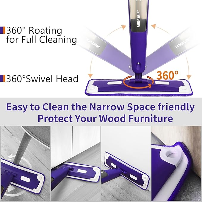 Mops for Floor Cleaning Wet and Dry Spray Mop with Refillable Spray Bottle and 3 Washable Microfiber Pads Home or Commercial Use Flat Mop for Hardwood Laminate Wood Ceramic Purple