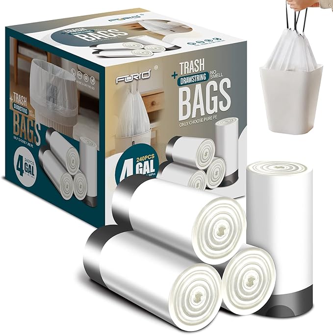 FORID Small Drawstring Trash Bags - 4 Gallon Plastic Garbage Bags 240 Counts White Trash Can Liners 15 Liter for Bathroom Restroom Bedroom Office Toilet - Durable &amp Thick Trash Bag