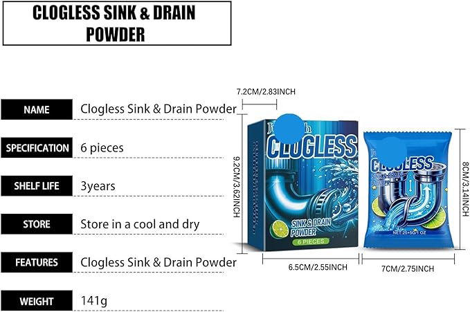 Drain Unclogger &amp Cleaner Powder for Bathroom Pipes - Acid Neutralizing Grease Loosening Formula Fast Acting Odor Eliminating Safe for All Pipes(2PCS)