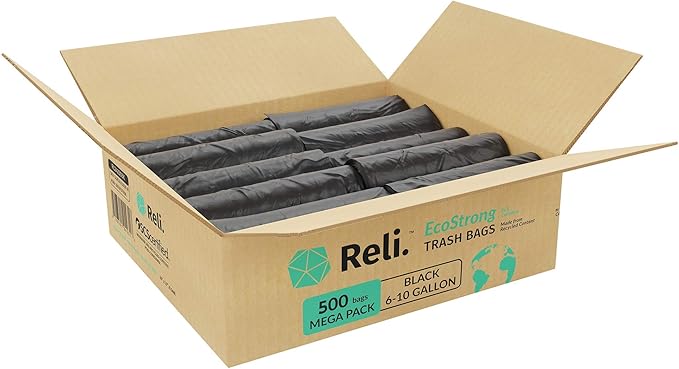 Reli. EcoStrong 6-10 Gallon Trash Bags | 500 Count Bulk | Black | Eco-Friendly | Made from Recycled Material