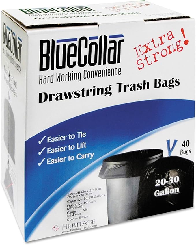 BlueCollar N6034YKRC1CT Drawstring Trash Bags 20-30gal 1mil 30 x 34 Black 40/Box 6 Boxes/Carton