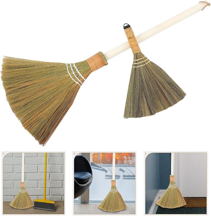 Handmade Grass Broom 2pcs Set with Detachable Removable Head Soft Bristle Indoor Broom for Living Room Cleaning Lightweight Household Sweeping Tool with Small and Large Sizes