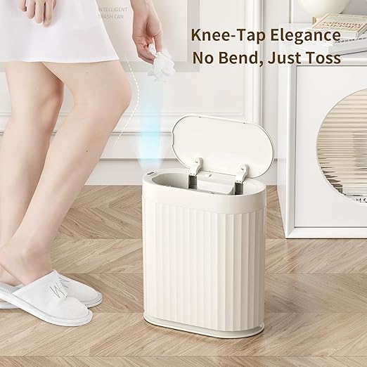 MRBIN Small Trash Can for Bathroom Automatic Touch Less Garbage Bin with Lid 2 Gallon Plastic Slim Waste Basket for Office and Kitchen Electric Motion Sensor Bedroom Bin Cream White