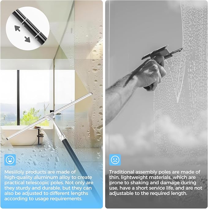 16.7“- 59.5 Long Handle Window Squeegee with Extension Pole 12.4 Wide Metal Shower Squeegee for Glass Doors 2-in-1 Squeegee for Home Window Cleaning Tile Wall Car (Silver)