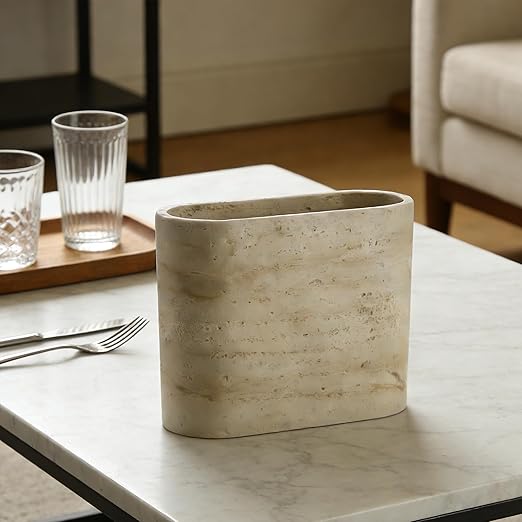 Natural Travertine Textures Mini Trash Can Small Counter Rectangle Trash Can for Bathroom Kitchen Table Desk Tiny Waste Basket for Vanity - Silicone Pad Anti Scratch Non-Slip (Made of Resin)