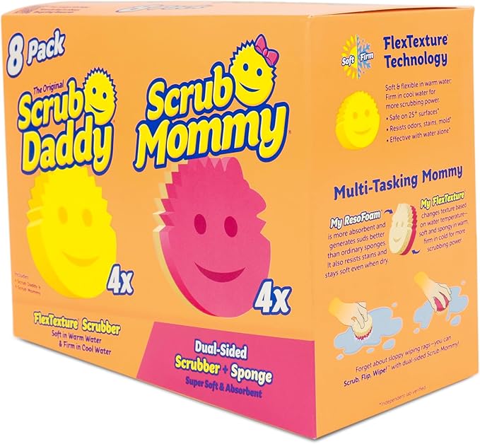 Scrub Daddy 4 Scrub Daddy Sponges &amp 4 Scrub Mommy Kitchen Sponges - Scratch-Free for Dishes &amp Multipurpose Cleaning - BPA Free &amp Made with Polymer Foam - Stain &amp Odor Resistant (16 Pac