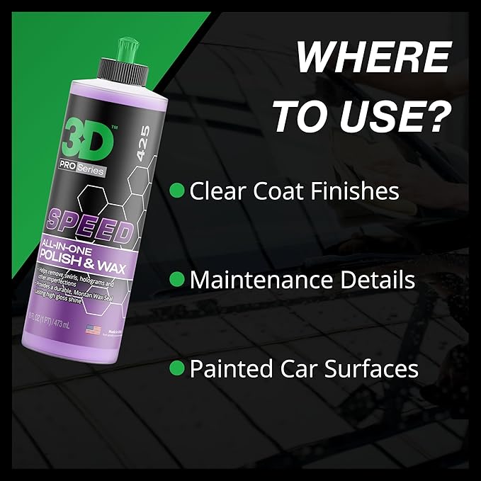 3D Speed All-In-One Polish &amp Wax – Scratch &amp Swirl Remover Clear Coat Safe Paint Sealant – High Gloss Finish Easy Application – 16oz – Made in USA