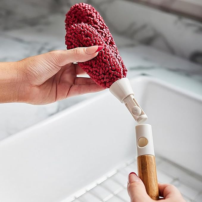 Wine Enthusiast Interchangeable Glassware Cleaning Brush Set – 5-Piece Bamboo Handle with Specialized Brush Heads for Wine Glasses Decanters and Barware Cleaning