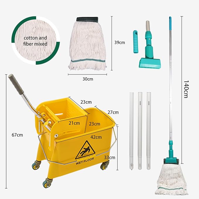 22 Qt (5.5 Gallon) Mop Bucket with Wringer for Floor Cleaning Handle Wheels 16.5 L x 10.6 W x 26.4 H YellowAdd One Loop-end String Mop