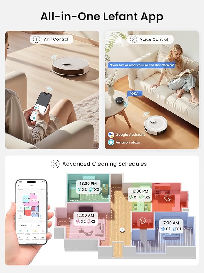 Lefant Robot Vacuum and Mop Combo 8 Weeks Self-Emptying with Dual Dustbin Options 6000Pa LiDAR Robotic Vacuum Cleaner with Precision Mapping 240mins Carpet Detection WiFi/App/Alexa M2S Pro